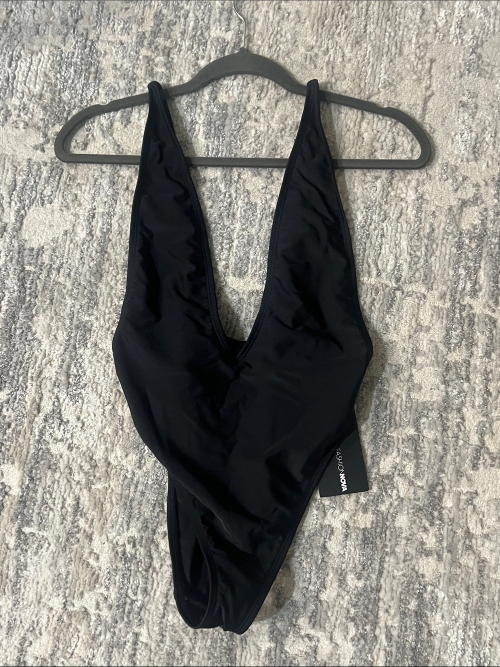 Fashion Nova Black Deep V One-Piece Swimsuit